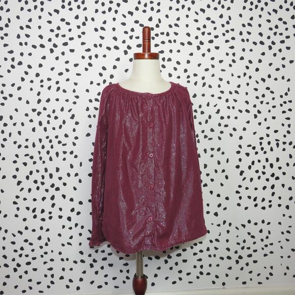 Cat & Jack Burgundy Metallic Long Sleeve Girls Button Up Top - Picture 1 of 6